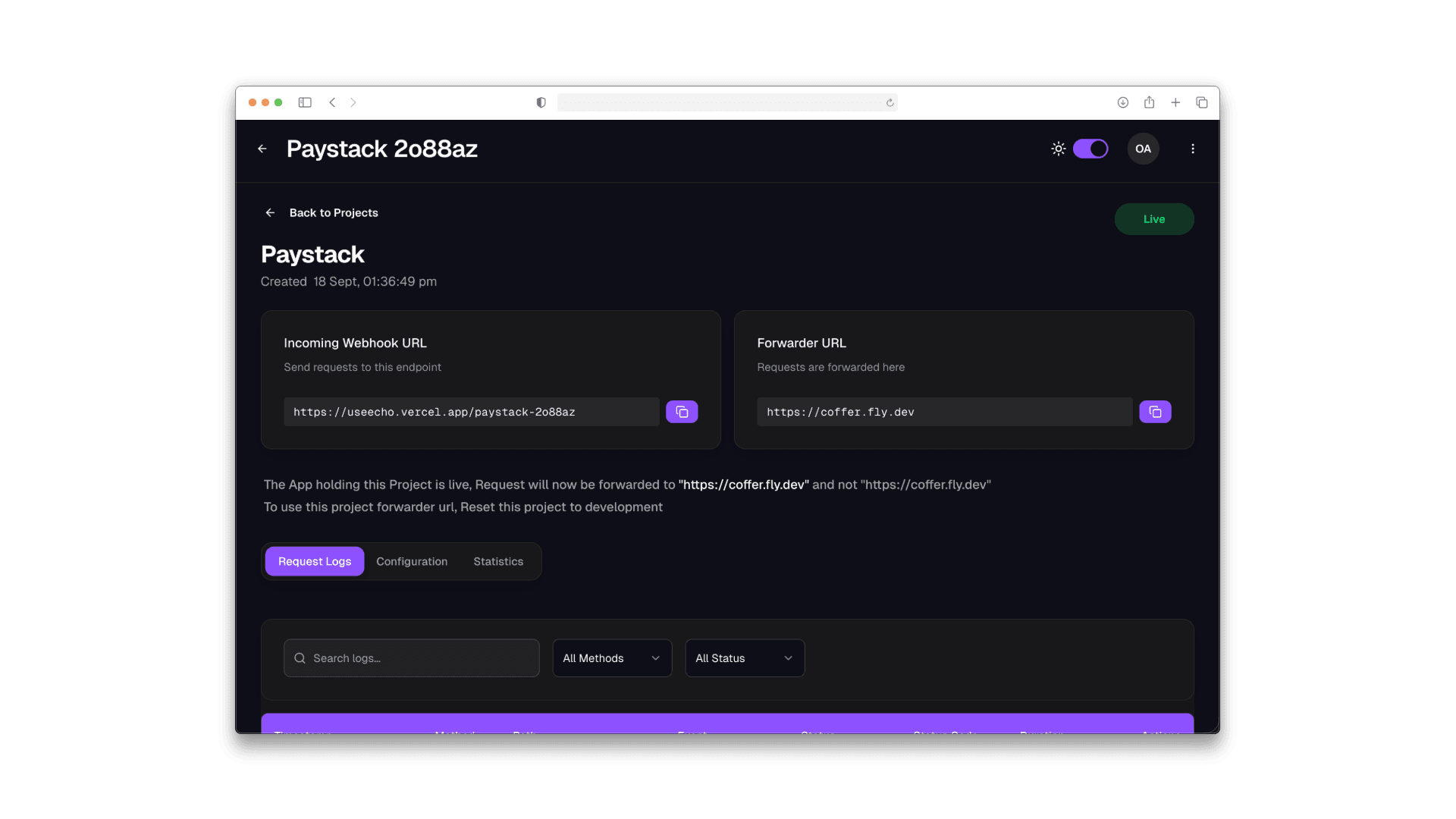 Echo project request logs and forwarder configuration