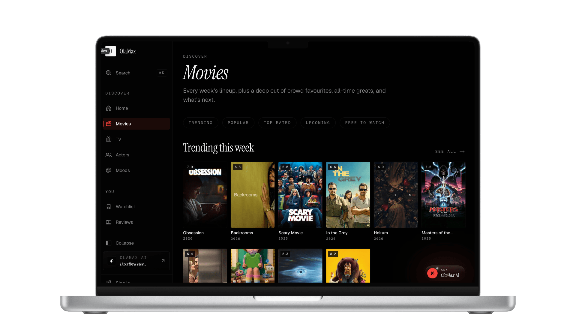 OloMax movie discovery and trending page