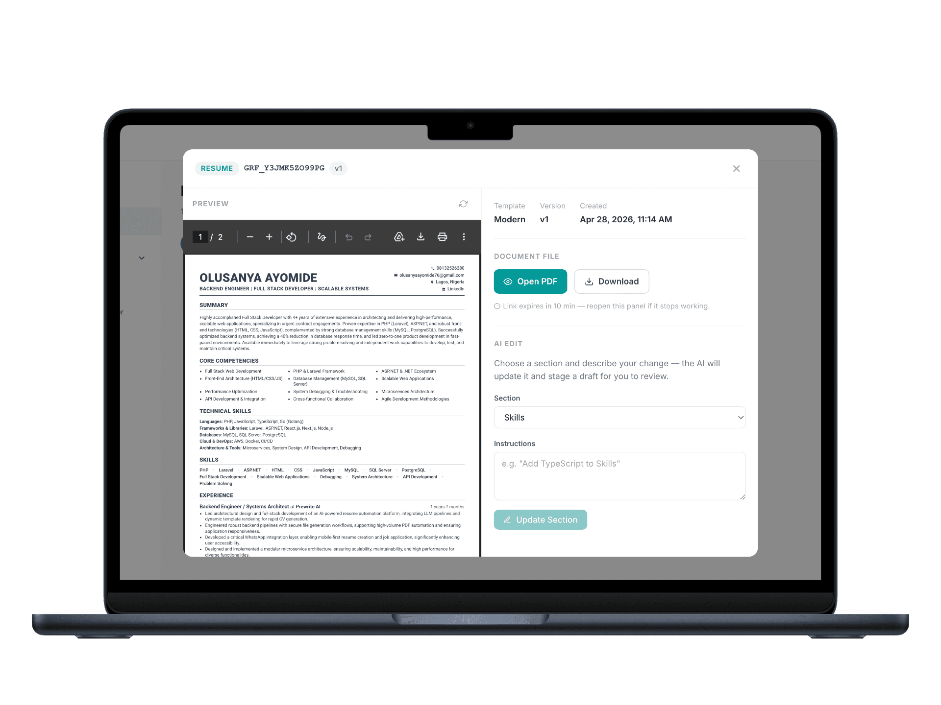 PreWrite AI resume editor